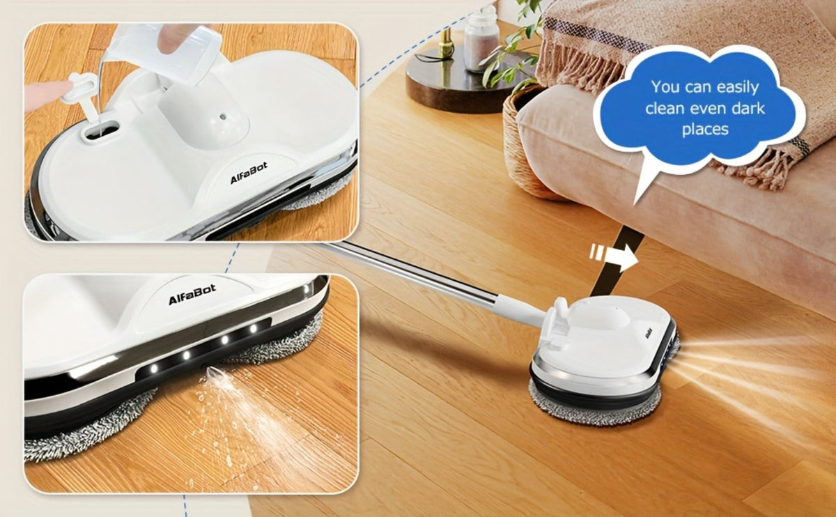 Cordless Electric Spin Mop with LED Headlight & Sprayer, 50-Min Runtime 6oz Water Tank, Floor Scrubber for Hardwood Tile Laminate Floors