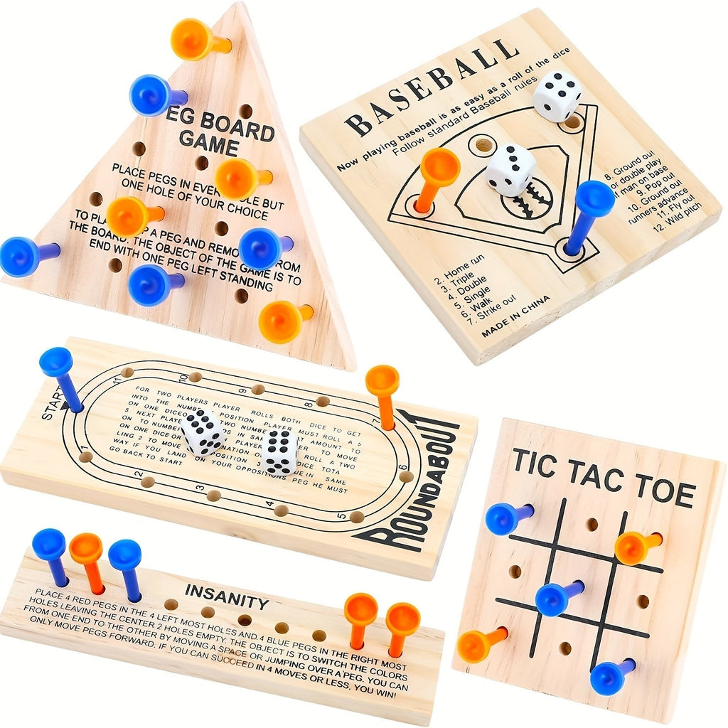 Wooden Board Game Set 5-in-1 – Luban Lock Puzzle Brain Games with Peg Board, Dice & Plastic Pieces, Classic Family Strategy Games Kit
