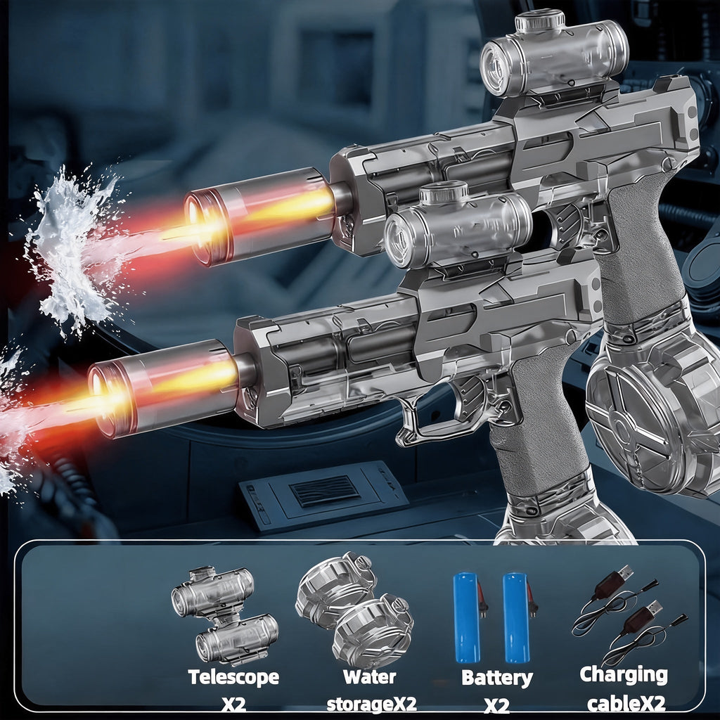 Two-Piece Electric Water Blaster Set with Lighted Sights, Rechargeable Batteries and Three Pairings