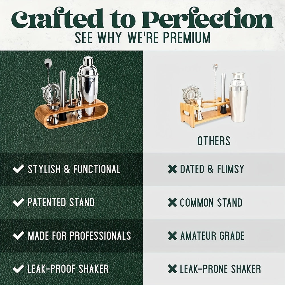 Bartender Kit 10 Piece Stainless Steel Bar Tool Set with Bamboo Stand Cocktail Shaker Mixing for Entryways, Bedrooms and Living Spaces