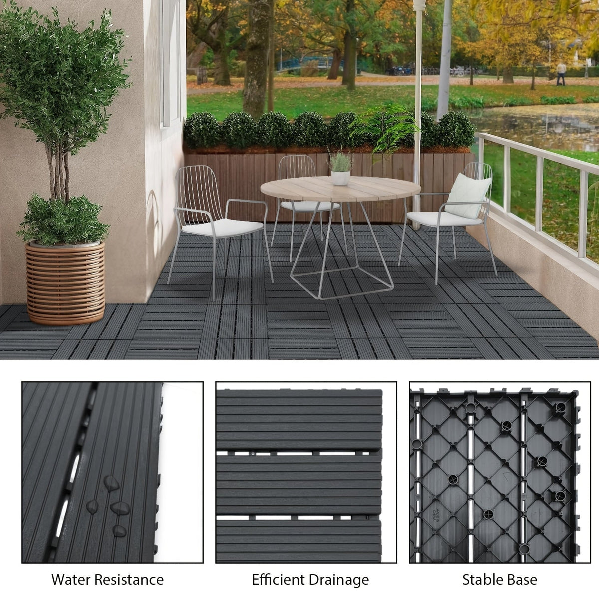Gray 44-Piece Interlocking Deck Tile Set with 12-Inch Square Parallel-Slat Drainage Pattern