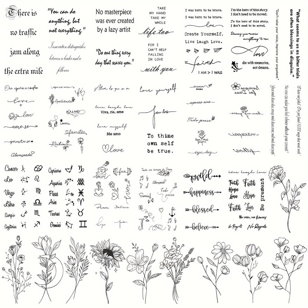 Temporary Tattoos, 30-Sheet Floral and Letter Set with Black Linework Designs for Face, Neck, Arm and Wrist