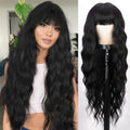 Synthetic Wig 28-Inch Black Body Waves with Bangs and Adjustable Buckle Net Cap for Daily and Party Styling
