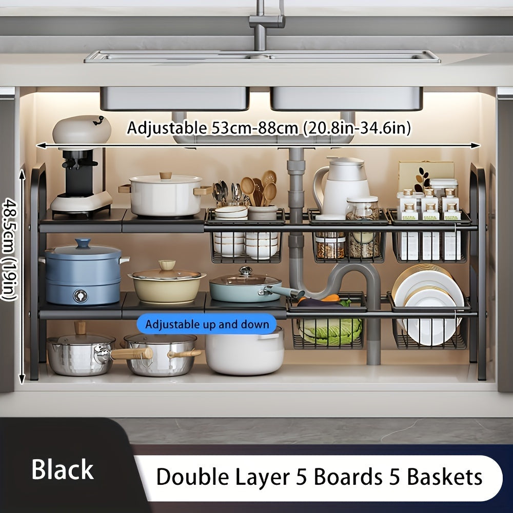 Expandable Under Sink Organizer 2-Tier Cabinet Shelf with 5 Removable Panels & 5 Baskets, Adjustable Under Sink Storage Rack for Kitchen