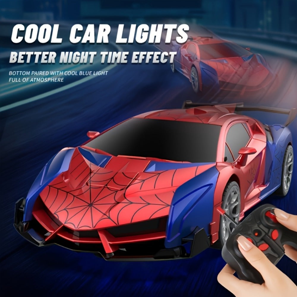 Remote Control Car, Spider-Man Pattern 1:18 Transforming Robot Vehicle with One-Button Change, LED Lights and Three Colors