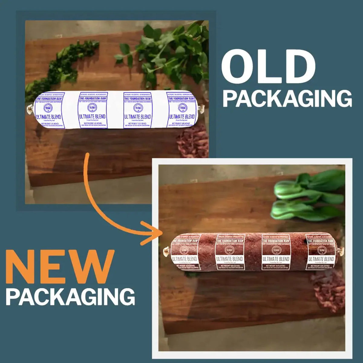 Comparison of old and new packaging of ultimate blend on a wooden surface with leaves.
