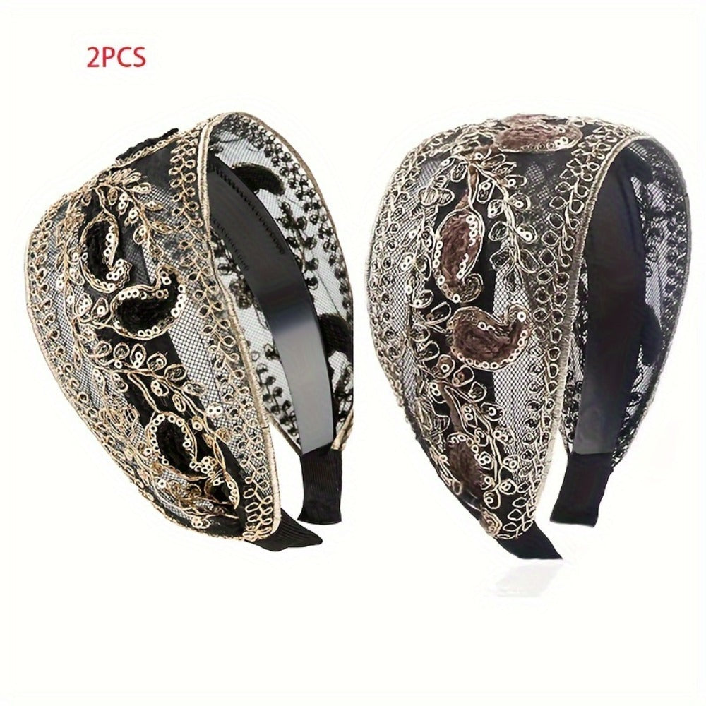 Hair Accessories Two-Piece Wide Embroidered Headband Set with Sequin Floral Details and Color Choices
