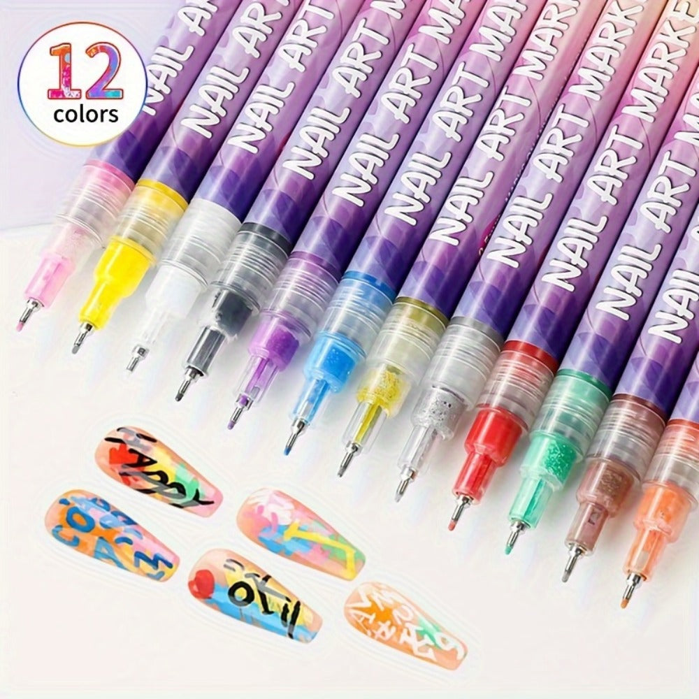 Acrylic Nail Art Pen Set 12 Colors 3D Doodle & Dot Stitching Pens, Quick Drying Precision Fine Tip