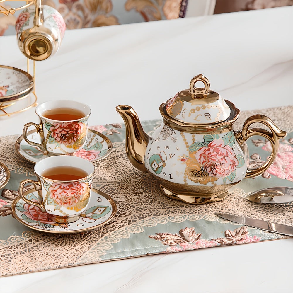 20-Piece Floral Ceramic Tea Set with Saucers & Metal Stand, European Afternoon Tea Service, Blooming Design