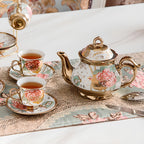 20-Piece Floral Ceramic Tea Set with Saucers & Metal Stand, European Afternoon Tea Service, Blooming Design