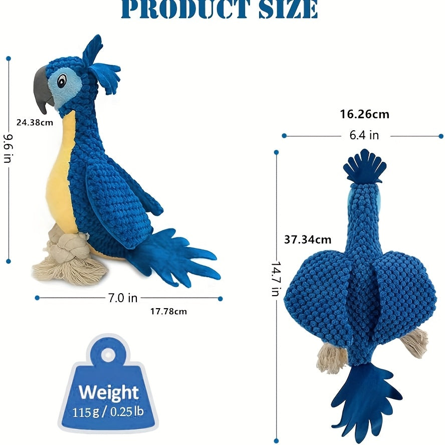 Blue Plush Parrot Dog Toy with Rope Legs and Tail, Built-In Squeaker and 14.7-Inch Pictured Height