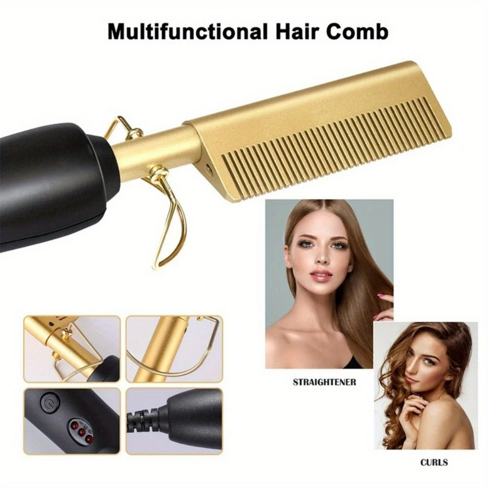 Electric Press-Comb Hair Straightener in Pink, Gold, Black, Gradient or Avocado Green with Corded Handle
