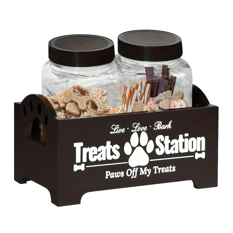 Two-Jar Pet Treat Station with Clear Canisters and Black or White Wood Holder for Countertop Storage