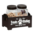 Two-Jar Pet Treat Station with Clear Canisters and Black or White Wood Holder for Countertop Storage