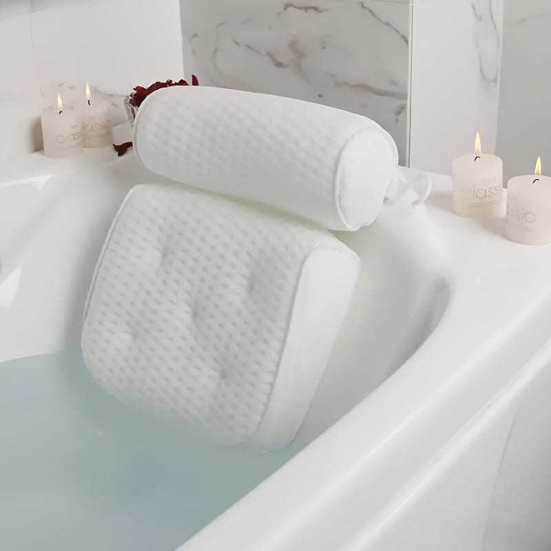 Bath Pillow 4D Grid Neck and Back Support Bathtub Cushion with 6 Suction Cups, Hooks, Quick-Dry & Machine Washable Spa Pillow for Tub