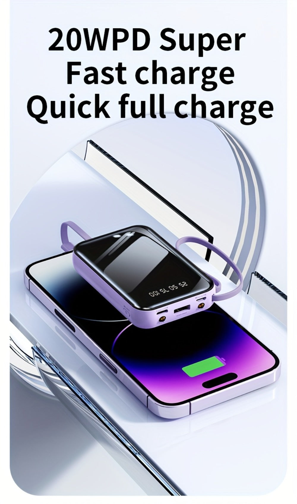Power Bank 50000mAh 22.5W with Integrated Cable Array, Digital Display and LED Flashlight in Two Colors