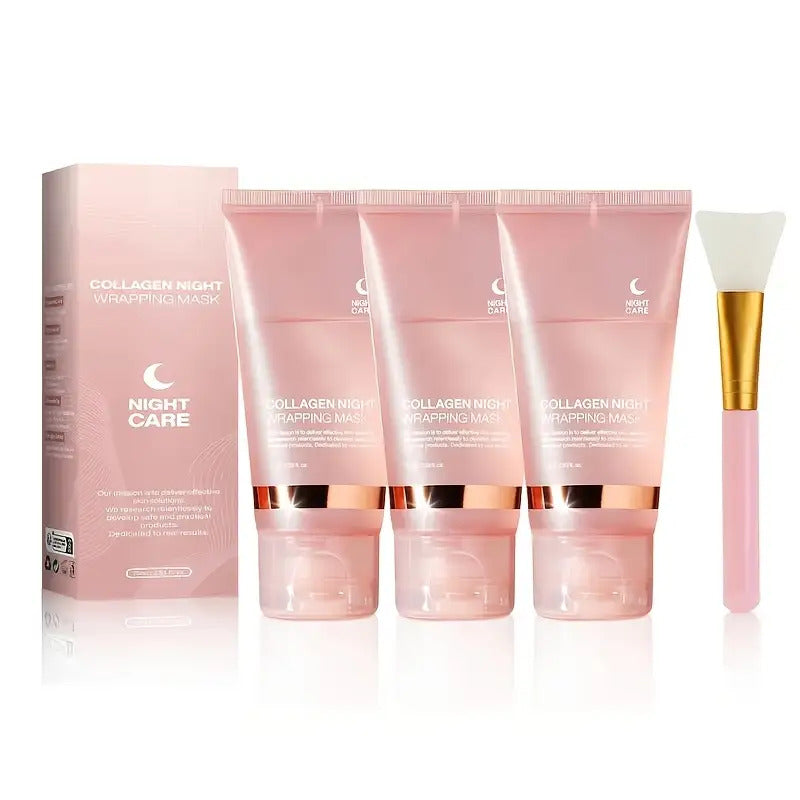 Collagen Night Wrap Mask with Jelly Brush 3pcs Hyaluronic Acid Deeply Moisturizing Nourishing Overnight Glossy Sleeping Mask for Women