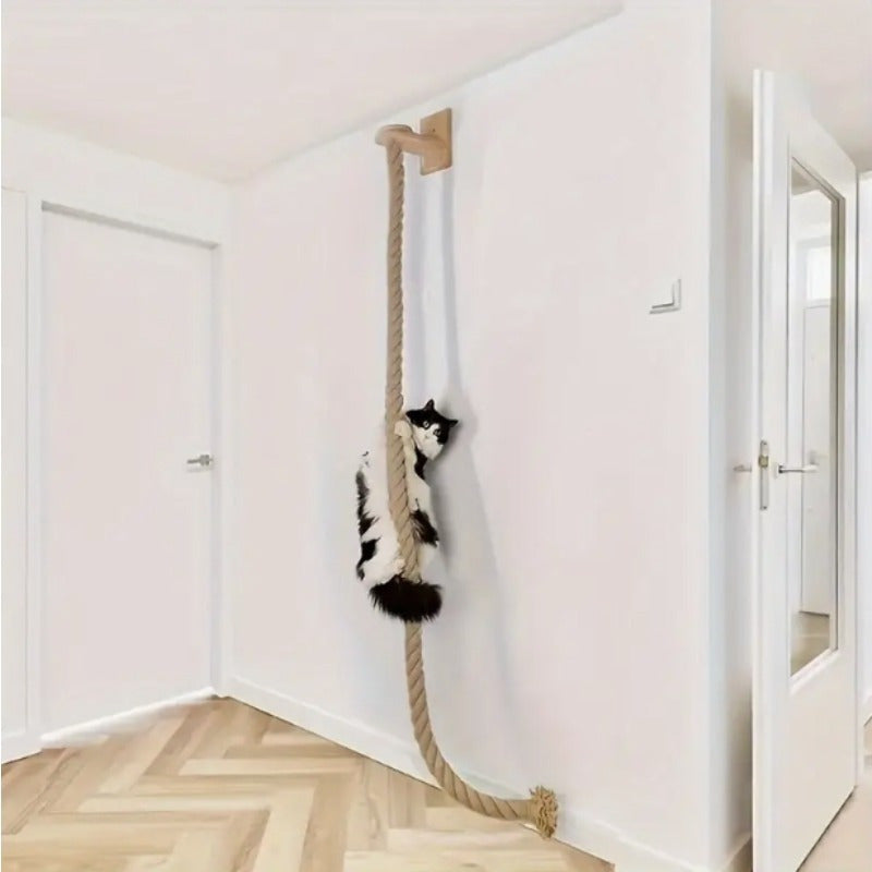 Wall-Mounted 60in Cat Climbing Rope Set with Upper Bracket, Lower Anchor and Small Wood Perch