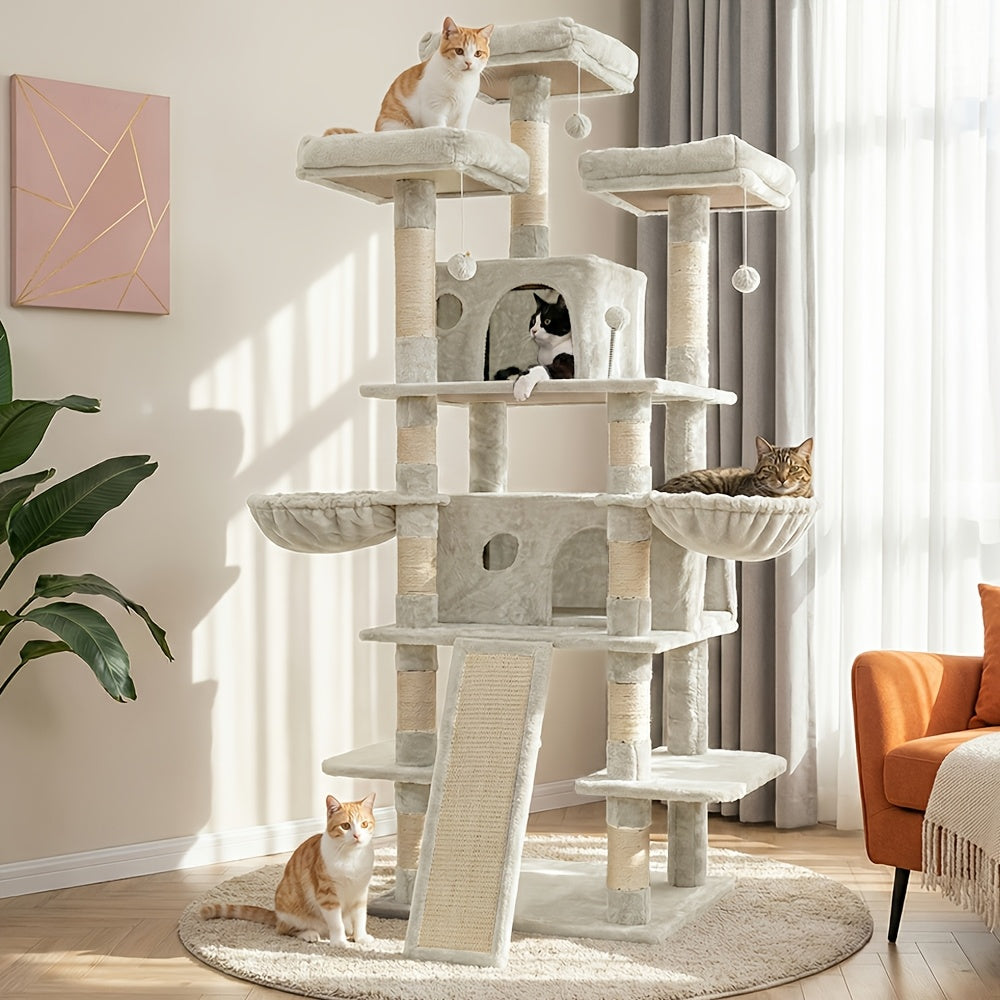 Large Multi-Level Cat Tower with Two Condos, Three Perches, Hammocks and Six Gray, Beige or Taupe Configurations