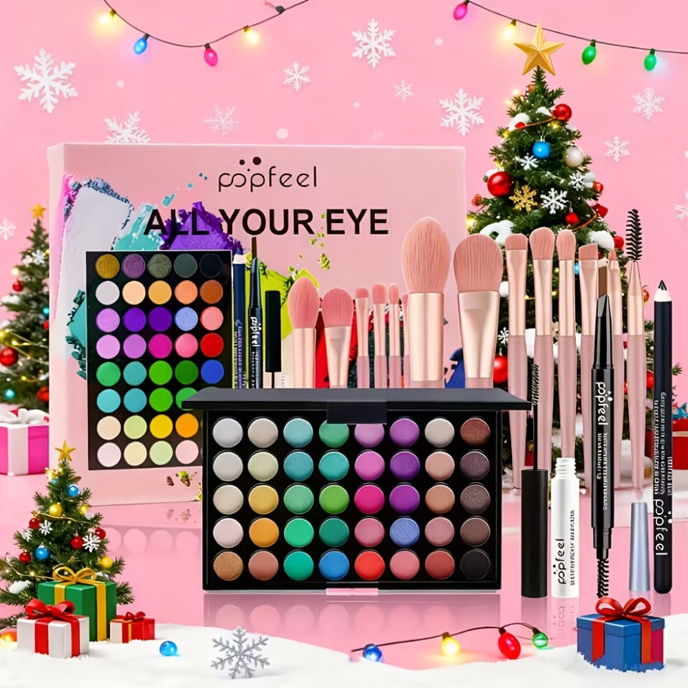 Makeup Gift Set POPFEEL 29-Color Eyeshadow Palette + Mascara + Eyeliner + Brow Pencil + Highlighter Powder + 7-Piece Brush Set | Complete