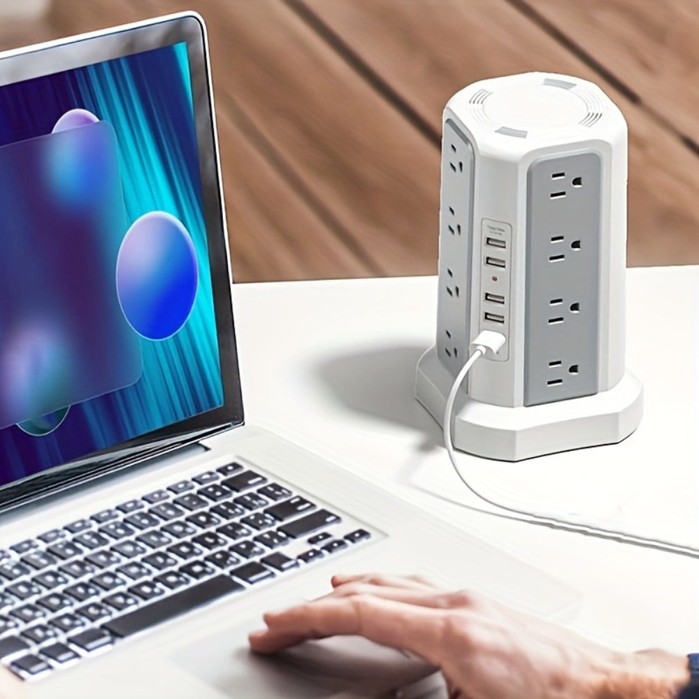PD18W USB-C Power Strip Tower 21-in-1, 16 AC Outlets & 5 USB Ports, 1500J Surge Protector, Angled Flat Plug