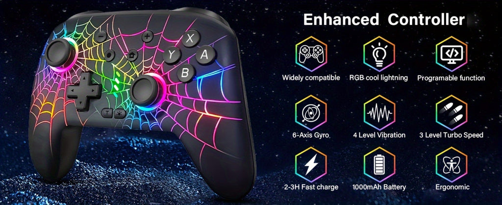 RGB Wireless Gaming Controller in Black with Spiderweb Shell, Back Buttons and USB-C Charging for Switch Systems