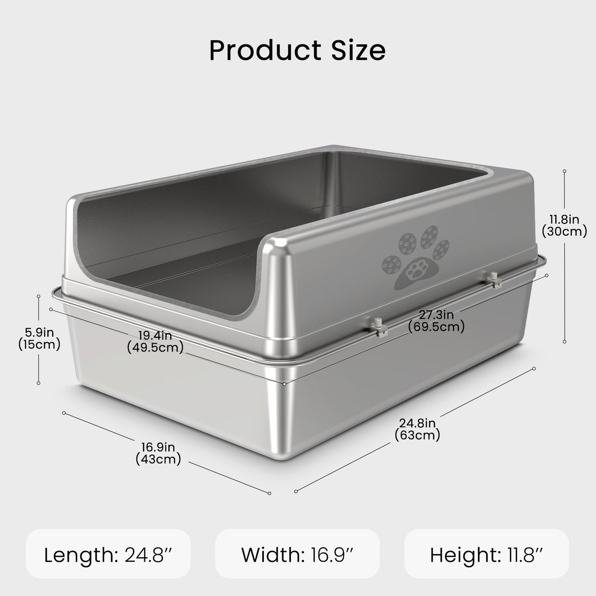 XXL high-sided stainless steel cat litter box dimensions