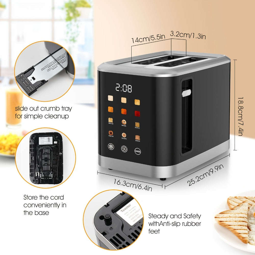 Smart Digital Toaster 2 Slice with Touch Screen LCD Display, 6 Bread Types & 6 Shade Settings, Extra Wide Slots, Stainless Steel – Bagel