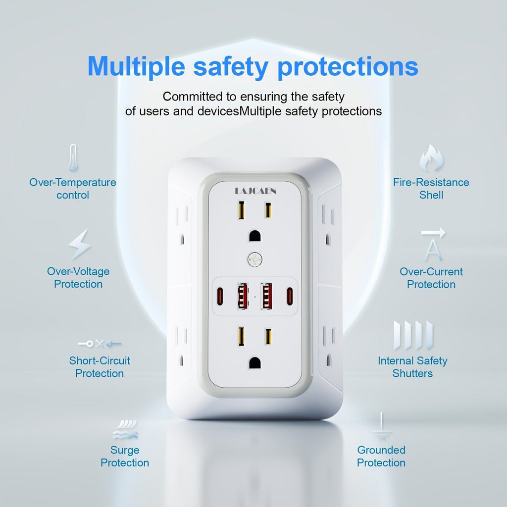 Outlet Splitter Wall Expander 10-in-1 with 6 AC Outlets 2 USB-A 2 USB-C Ports 3-Sided Plug for an Everyday Personal Care Routine