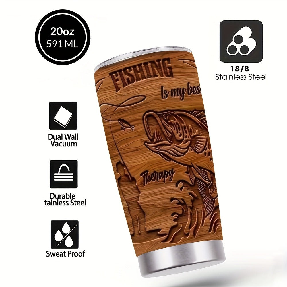 20oz Brown Fisherman-Graphic Tumbler with Clear Lid, Metal Straw and 7.2 x 17.5 cm Pictured Size