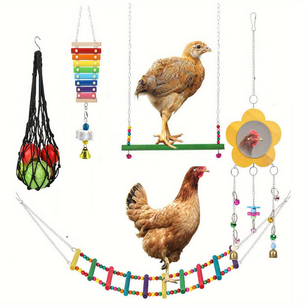 Chicken Coop Toys Set – Xylophone, Swing, Mirror, Step Ladder & Pecking Toys for Hens, Wood & Colorful Bead Enrichment Accessories