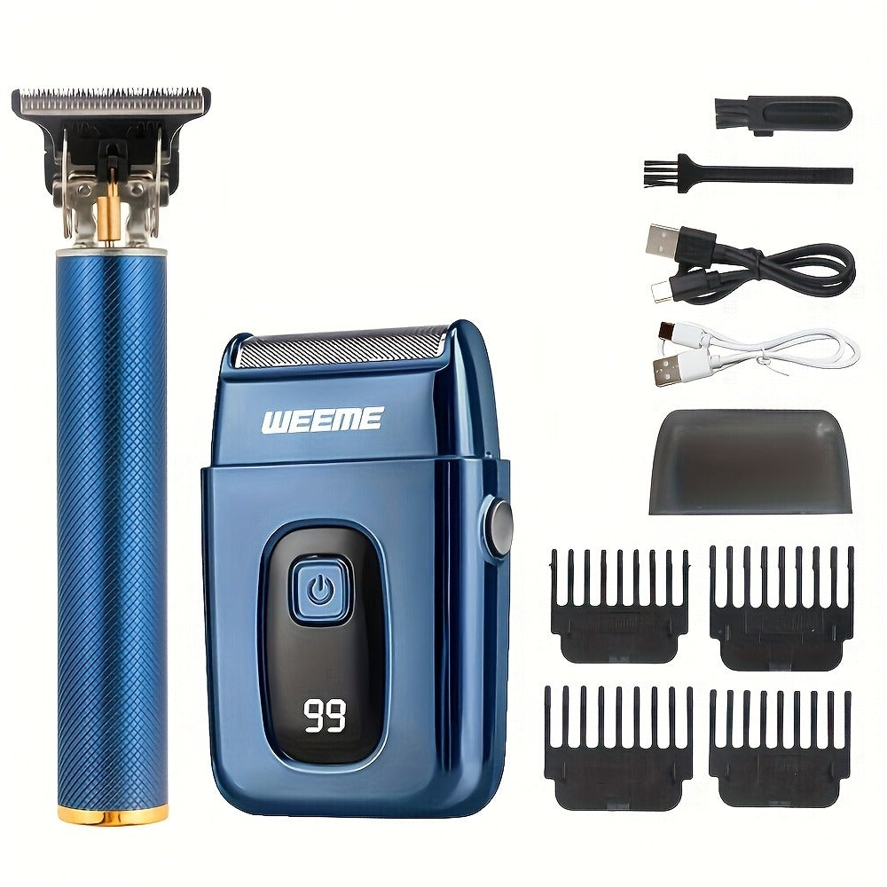 Hair Clipper WEEME Gold or Blue Three-Tool Grooming Set with LCD Display, USB Charging and Guide Combs