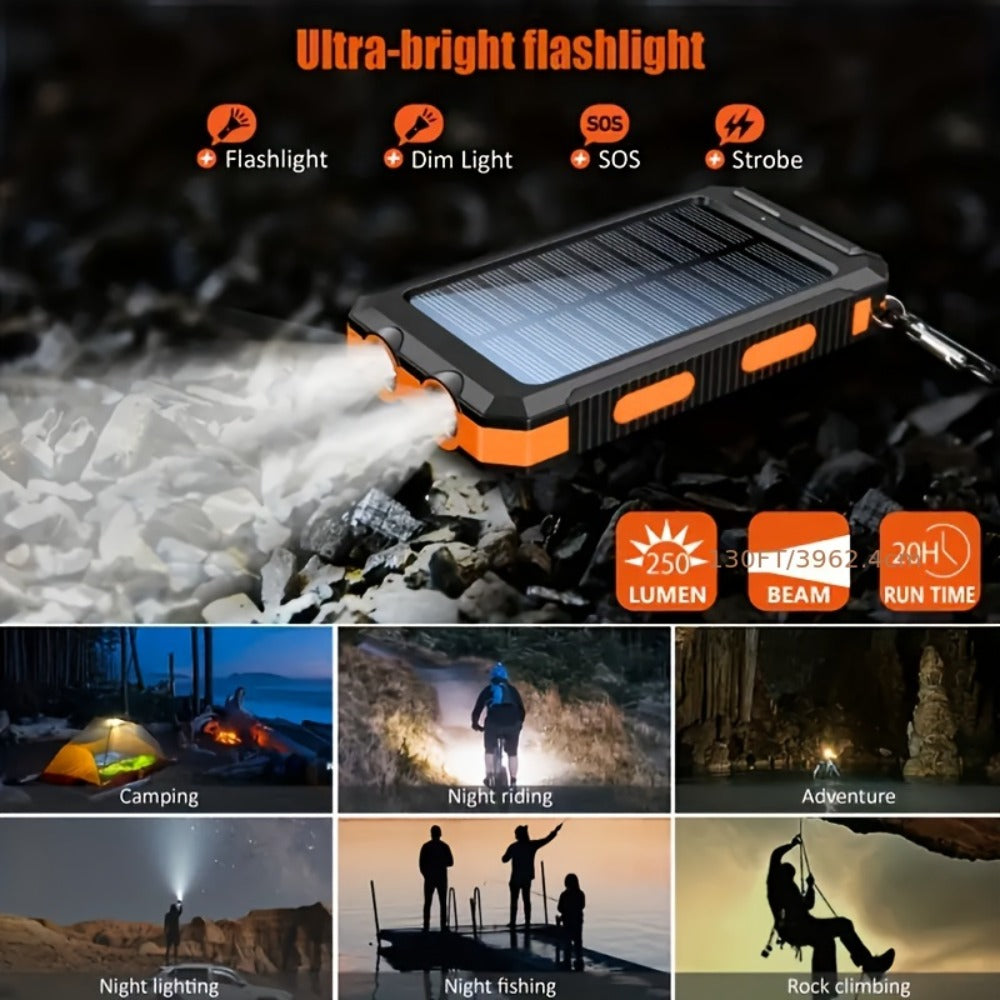 Solar Power Bank, 10000mAh USB Charger with Solar Panel, LED Flashlight, Compass, Data Cable and Backpack Hook
