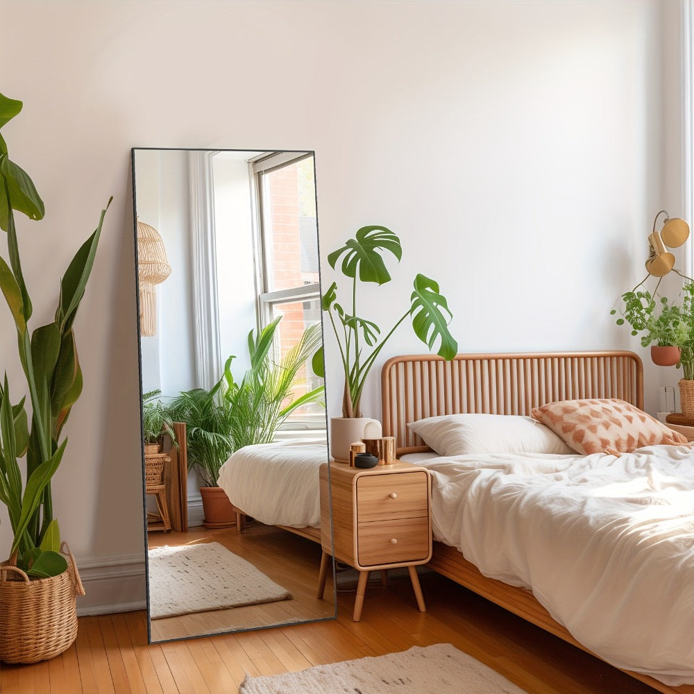 Full-Length Floor Mirror in 59 × 16 or 64 × 21 Inch Arched and Rectangular Black or Gold Frame Options