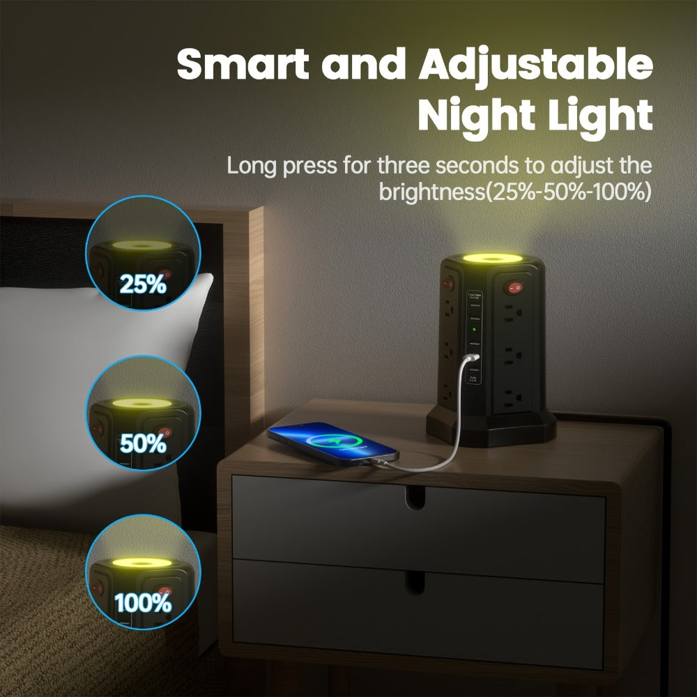 Surge Protector Power Strip Tower with 12 AC Outlets 5 USB Ports 8.8FT Extension Cord Night Light for an Everyday Personal Care Routine