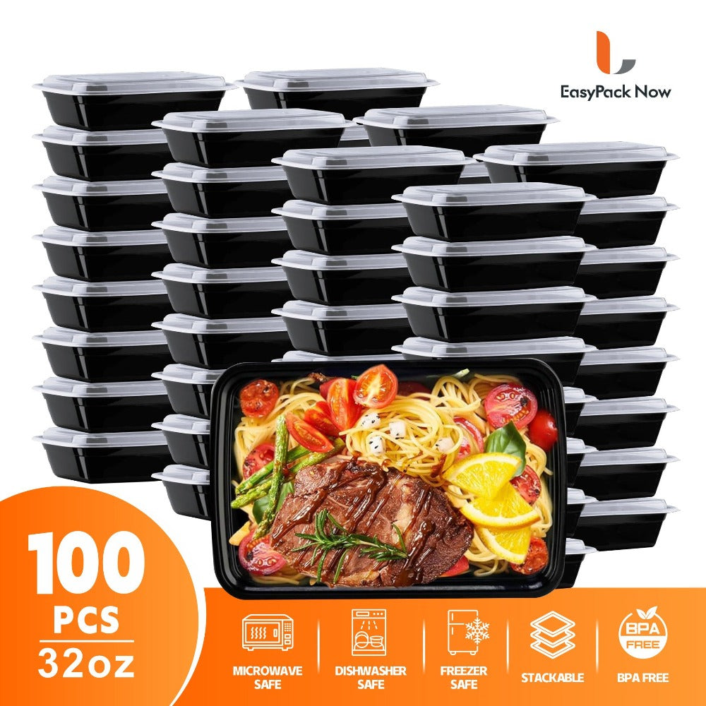 Storage Containers with Lids, 100-Piece Black Meal Prep Set with 50 Boxes, 50 Lids and 32 oz Capacity