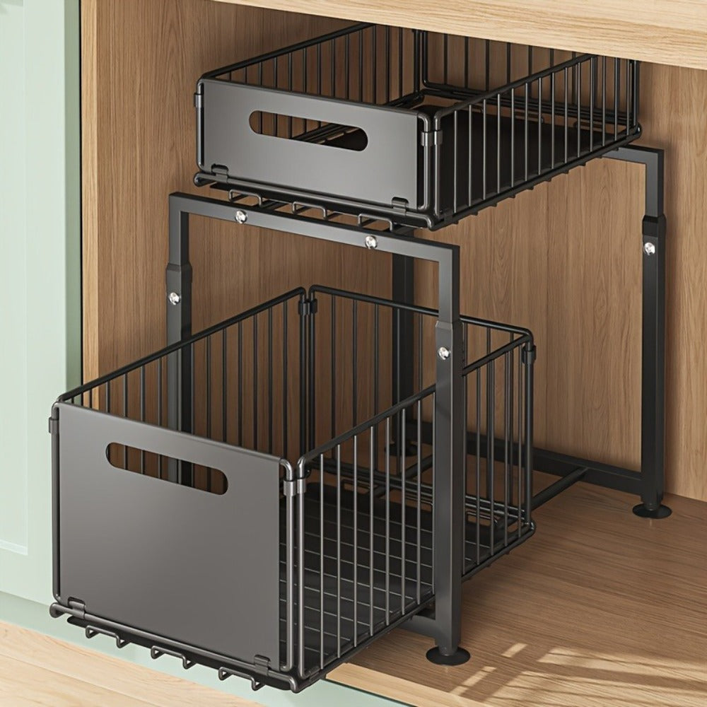 Under Sink Organizer 2-Tier Slide Out Pull Out Drawer Metal Basket Height Adjustable – Under Sink Cabinet Organizer for Kitchen Bathroom