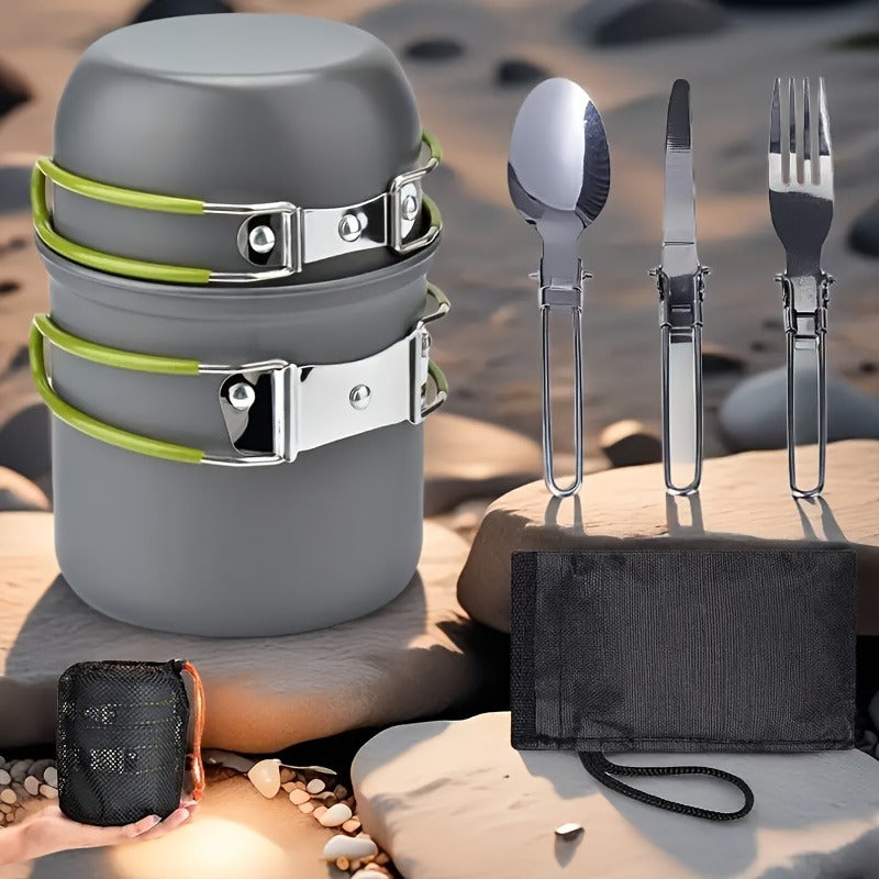 Stainless Steel Camping Cookware Set Portable Outdoor Cooking Pot with Foldable Storage Knives Forks Lightweight Compact for Backpacking