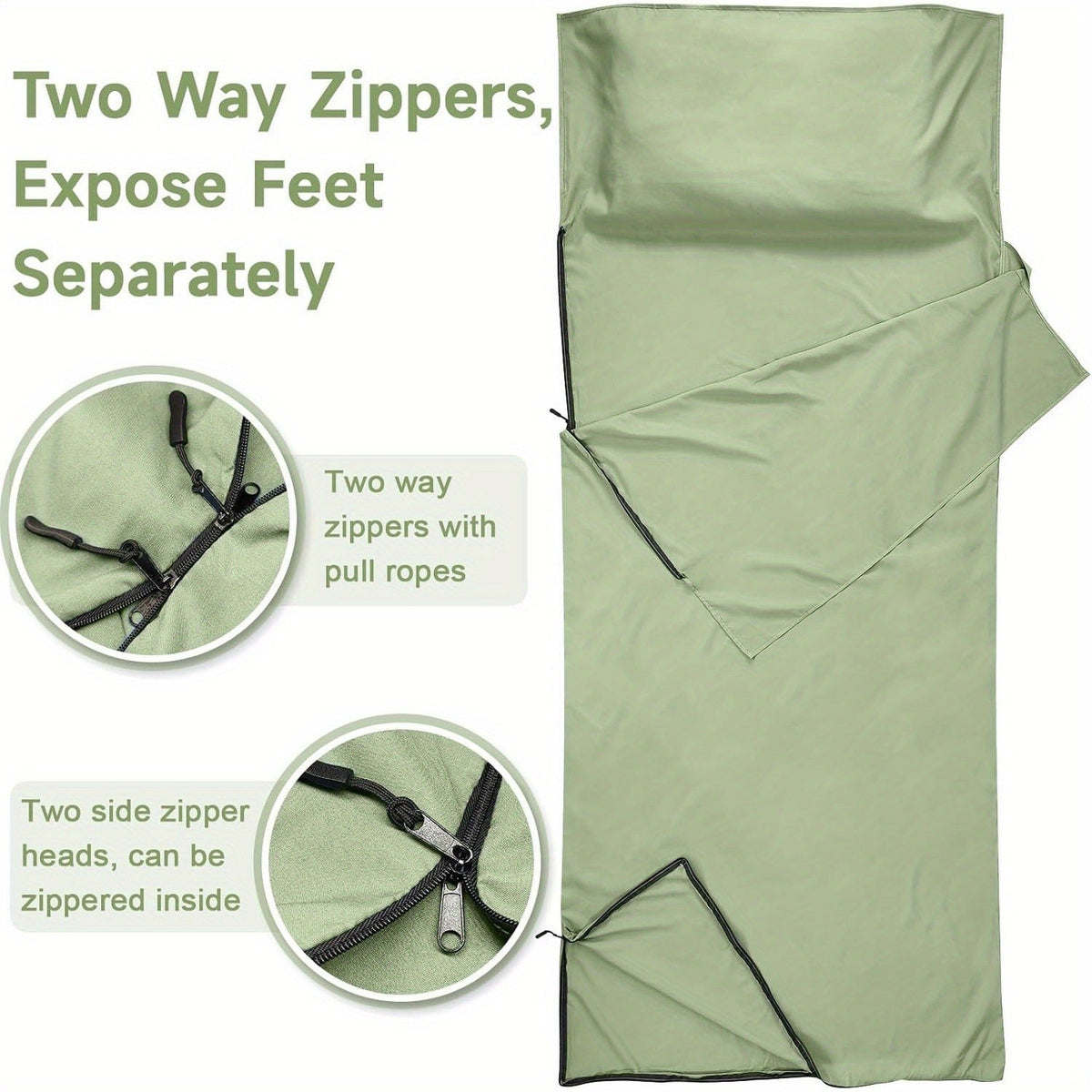 Sleeping Bag Liner for Adults – Two-Way Zipper Sleep Sack with Foot Exposure, Lightweight Portable Travel Sheet for Camping, Hiking