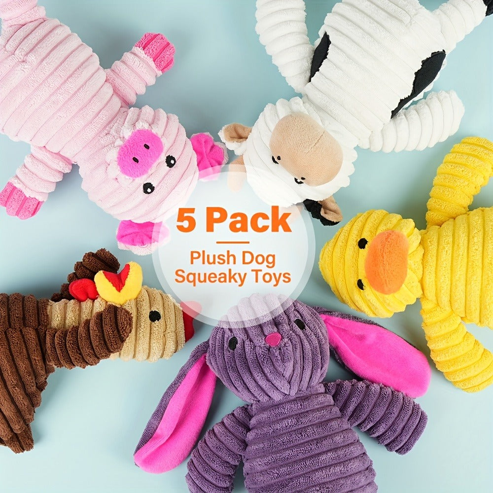 Dog Toys Five-Piece Squeaky Plush Animal Set with Pig, Frog, Elephant, Chicken and Fox Designs