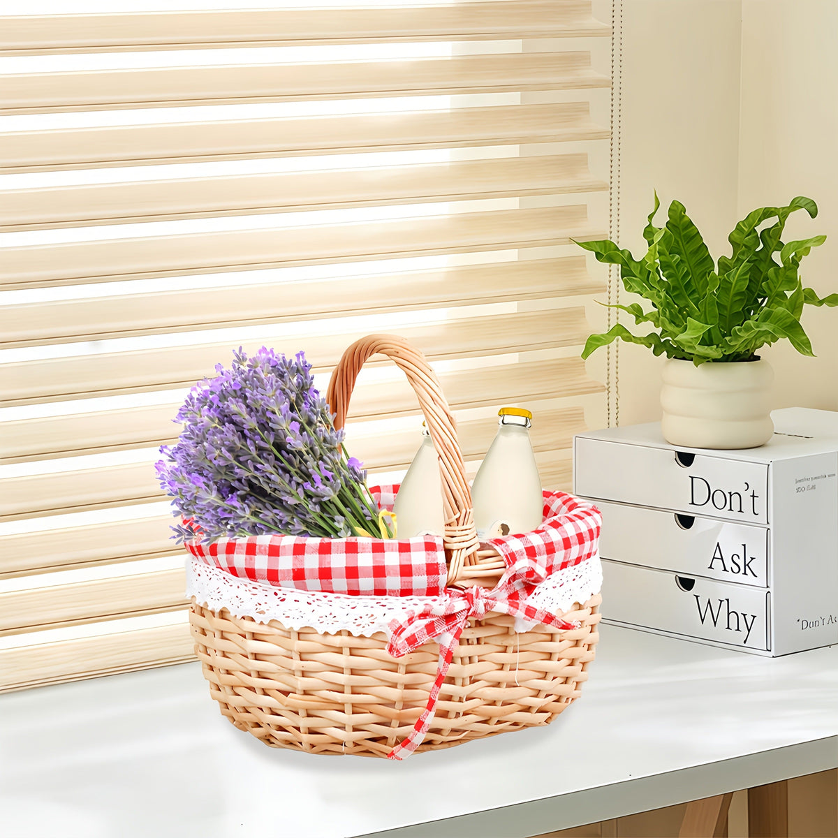Large Wicker Picnic Basket with Split Lid, Central Carry Handle and Red Checkered Textile Lining