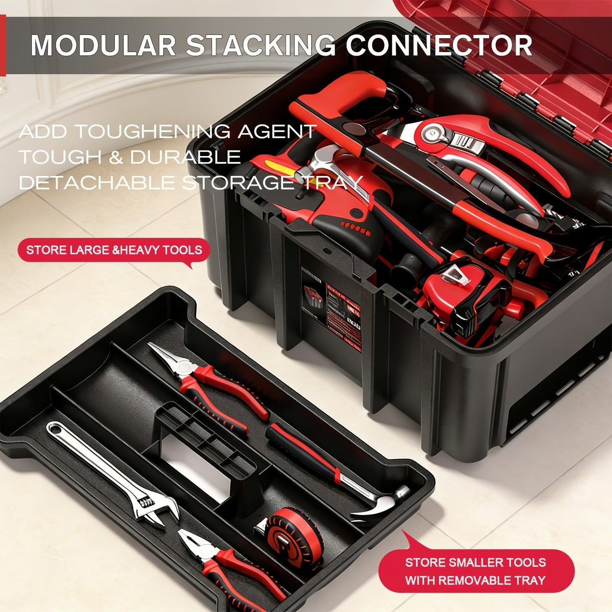 Rolling Tool Box with Wheels 3-Tier Stackable Organizer | Lockable Compartments, Connected Storage, 17" Large Plastic Toolbox for Garage