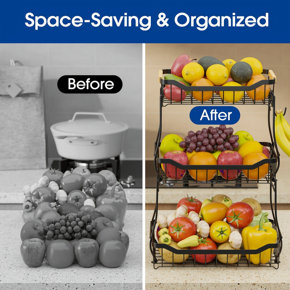 Tiered Fruit Basket Kitchen Organizer with Banana Hook, Removable 2 or 3 Metal Baskets and Wood Handle