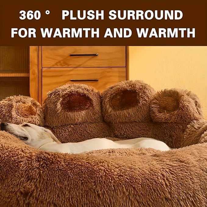 Bear-Paw Round Plush Pet Bed in Coffee, Pink or Gray with Four Weight-Labeled Size Options