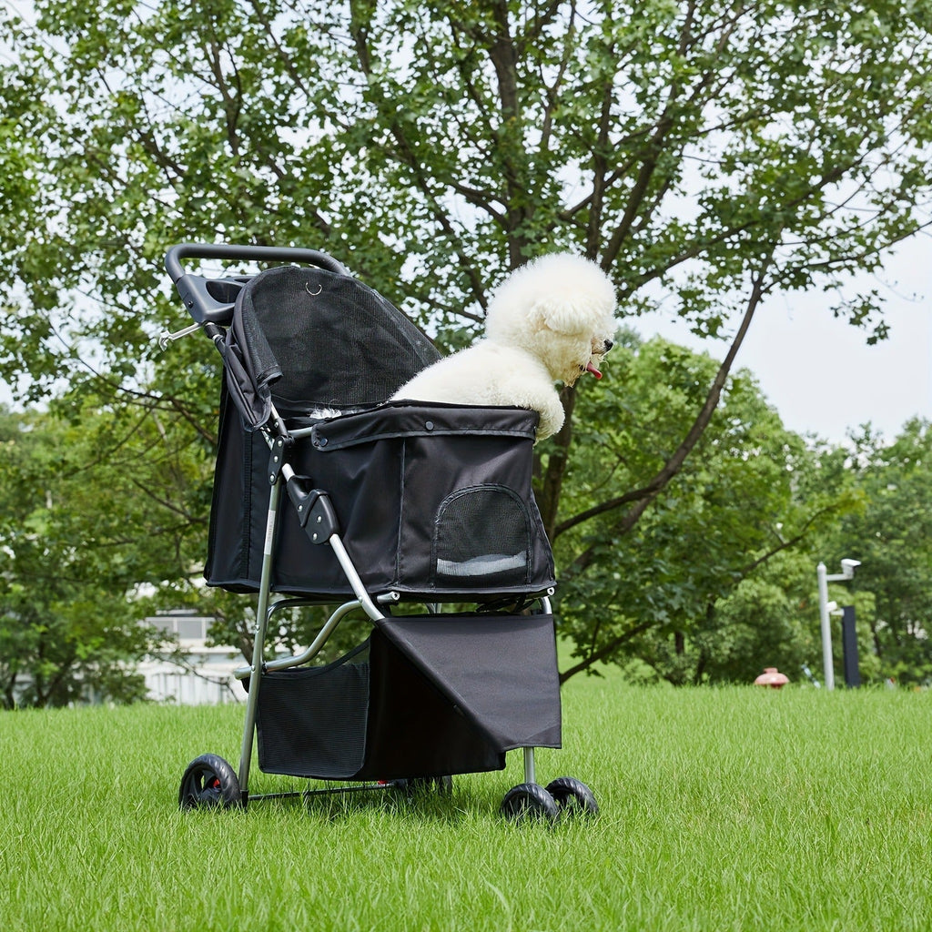 Black Three-Wheel Pet Stroller with Mesh Cabin, Front Cover, Cup Tray and Lower Storage Basket
