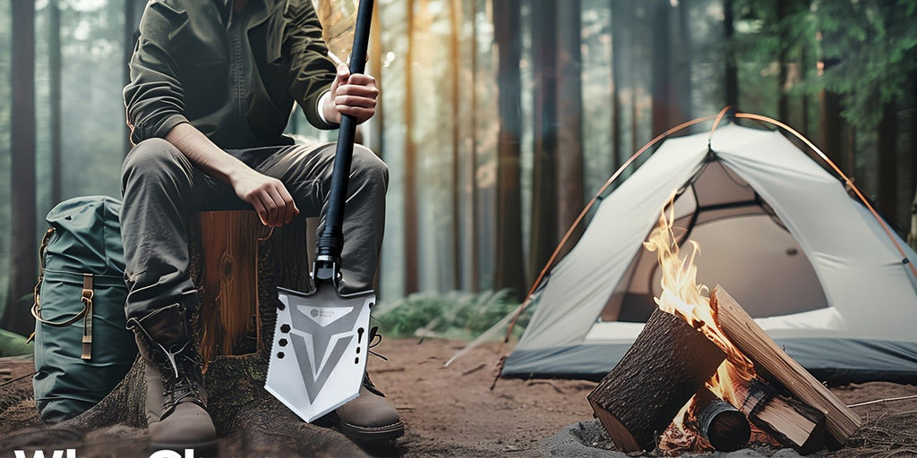 Folding Camping Shovel Axe Kit, Multifunctional Survival Tactical Shovel with Paracord, Dual Color Flashlight & Whetstone
