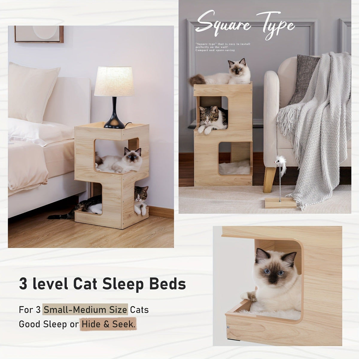 Cat Tree Small Modern 23.6" Wood Cat Tower Furniture with Scratching Pad Removable Soft Mats & Free Cat Toy for Indoor Kittens