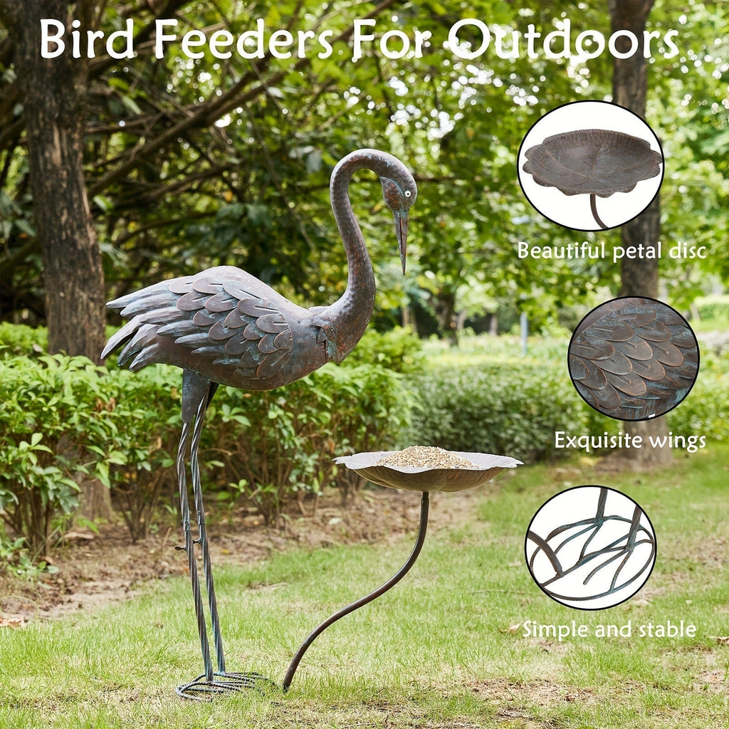 36-Inch Crane Sculpture Bird Bath Set with Separate 12.6-Inch Basin and Garden Stakes for Yard Decor