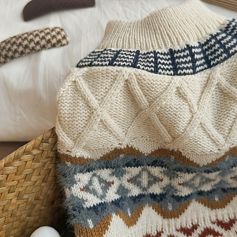 Cable-Knit Dog Turtleneck Sweater with Fair Isle Pattern, Beige or Blue and Five XS–XL Sizes