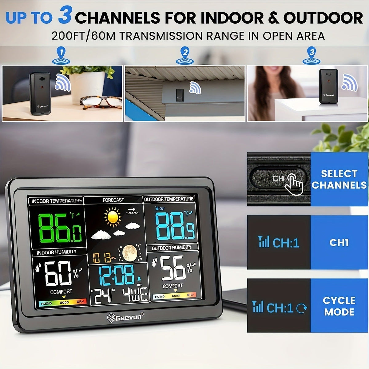 Wireless Weather Station – Indoor Outdoor Thermometer with 7.6" LCD, Barometer, Humidity, Moon Phase & USB Charging